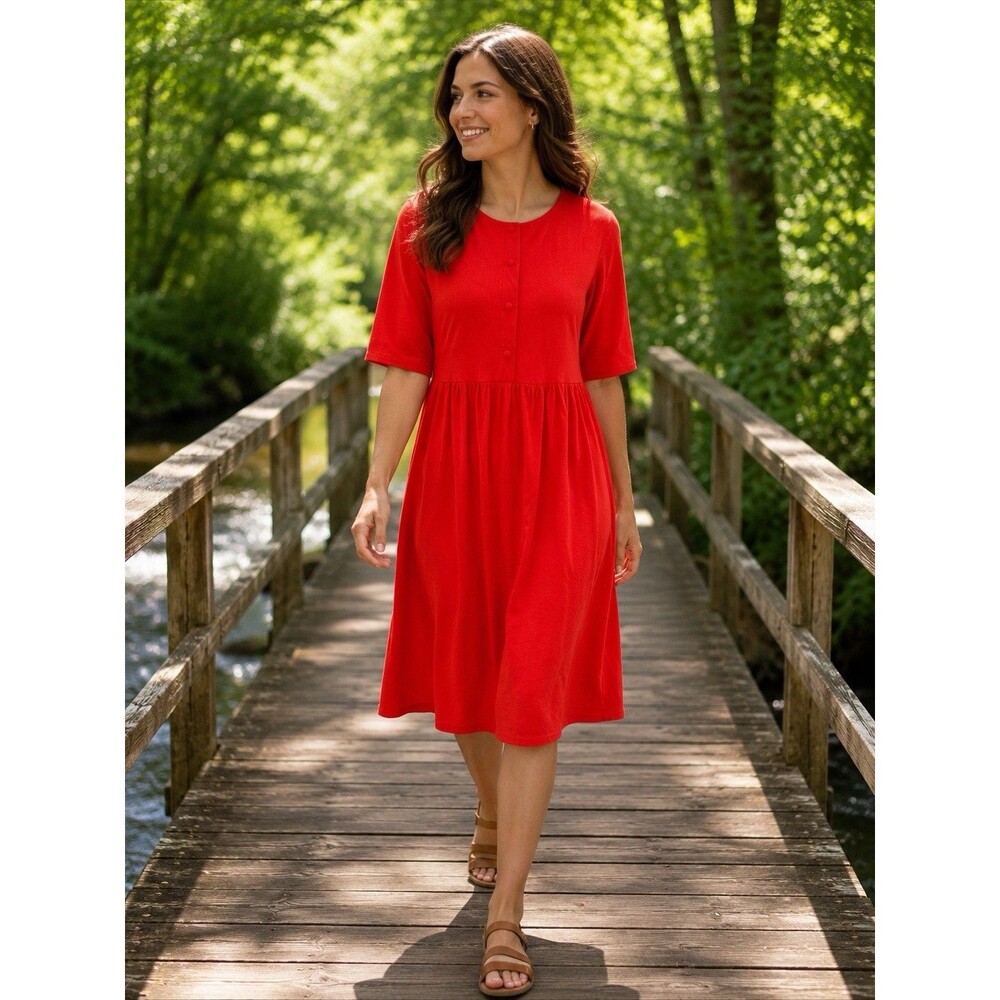 ASOS Red Midi Short Sleeve Dress Faux Buttons Cotton Flowy Size 6 Pleated